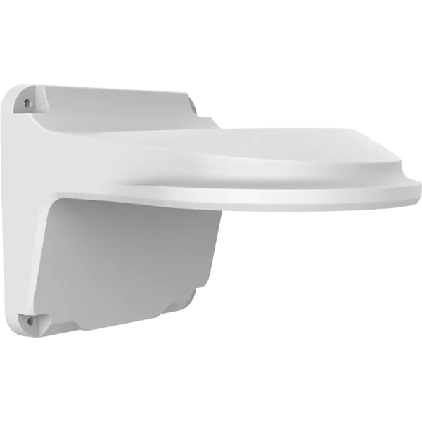 A metal wall mount bracket for security cameras, taken from a horizontal diagonal angle