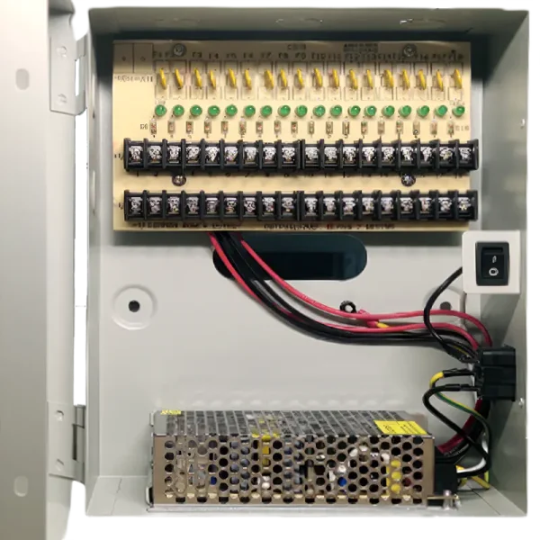 A power supply inside of a metal box designed for securirty cameras - eighteen channel version