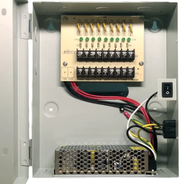 A power supply inside of a metal box designed for securirty cameras - nine channel version