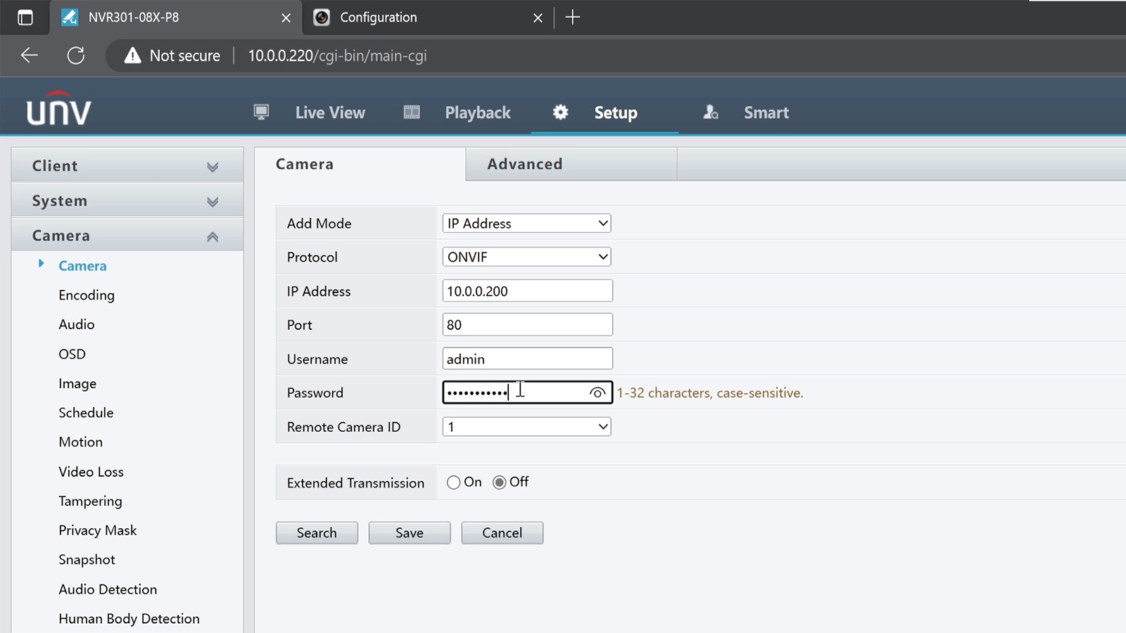 Uniview NVR's web interface for adding security cameras