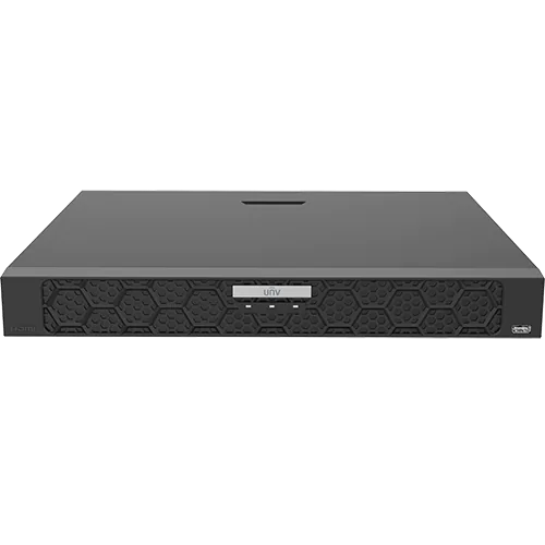 A black rectangular metal box with the UNV logo on the front. The box is a video recorder for Uniview security cameras.