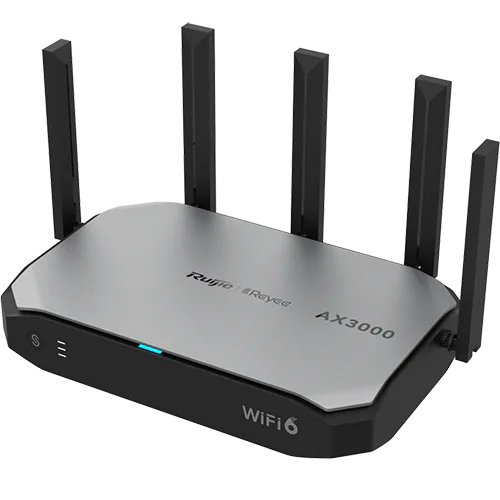 A modern WiFI 6 router slightly tilted at an angle, silver on top, five black antennas