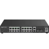 A managed PoE switch with sixteen + two ports made by Reyee, slightly tilted to see the top of the switch