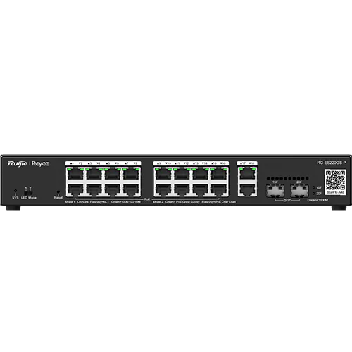 A managed PoE switch with sixteen + two ports made by Reyee