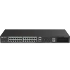 A managed PoE switch with twenty four + two ports made by Reyee. Taken from a slightly higher angle to see the top of the switch.