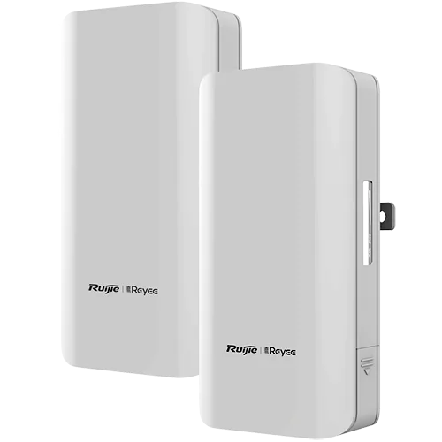 A pair of white, rectangular wireless transmitters with the logo Ruijie Reyee on the front