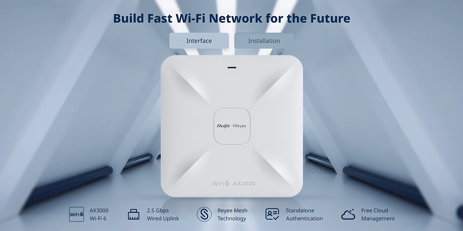 A WiFi 6 access point infographic showing the features, including 2.5 Gbps uplink and free cloud management.