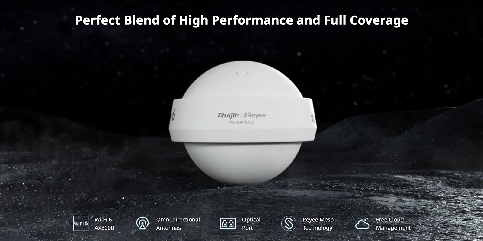 A spherical outdoor wireless access point with text above reading 'Perfect Blend of High Performance and Full Coverage'.
