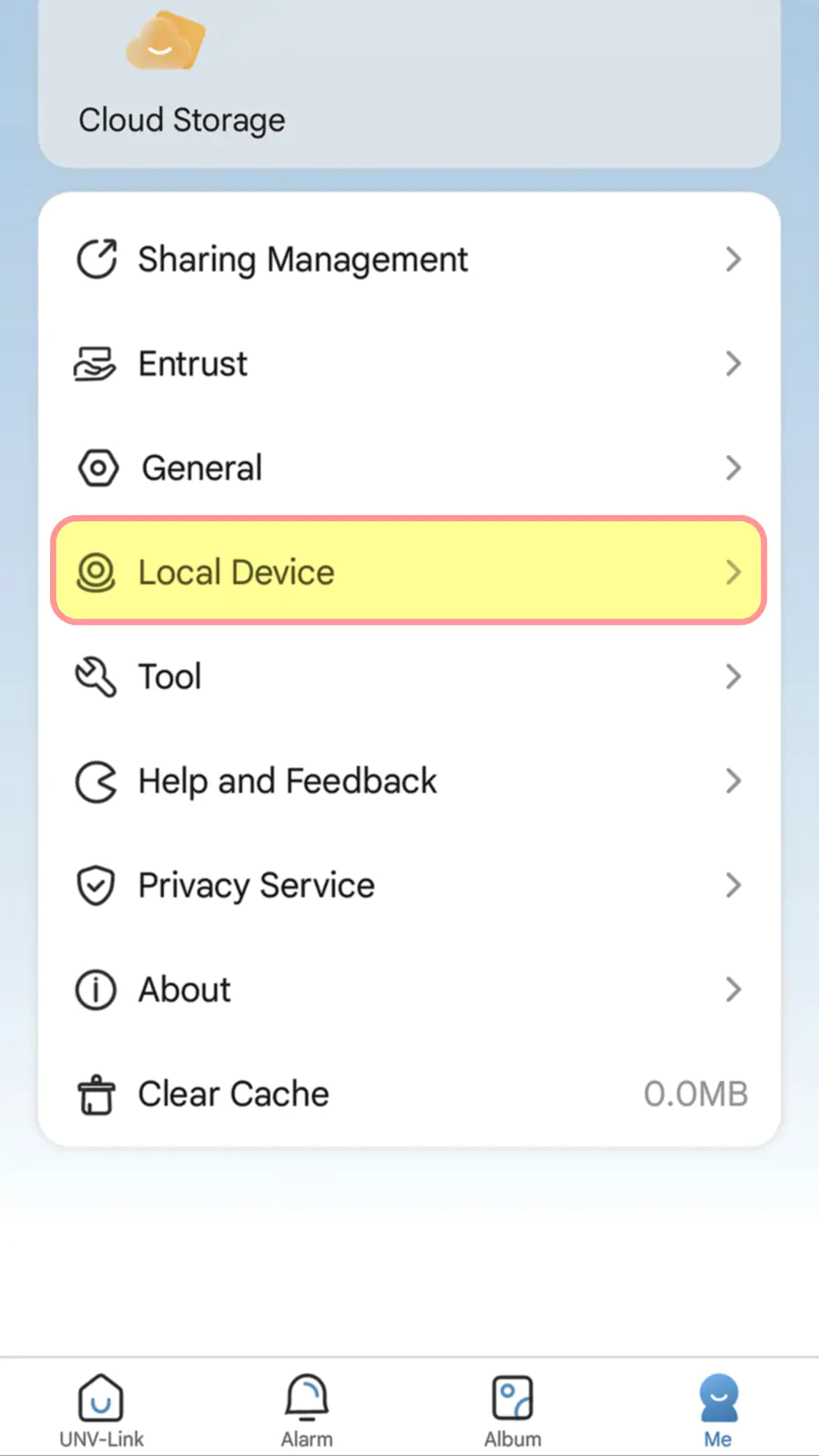 The UNV-Link menu with a couple options, including Local Device which is highlighted in yellow