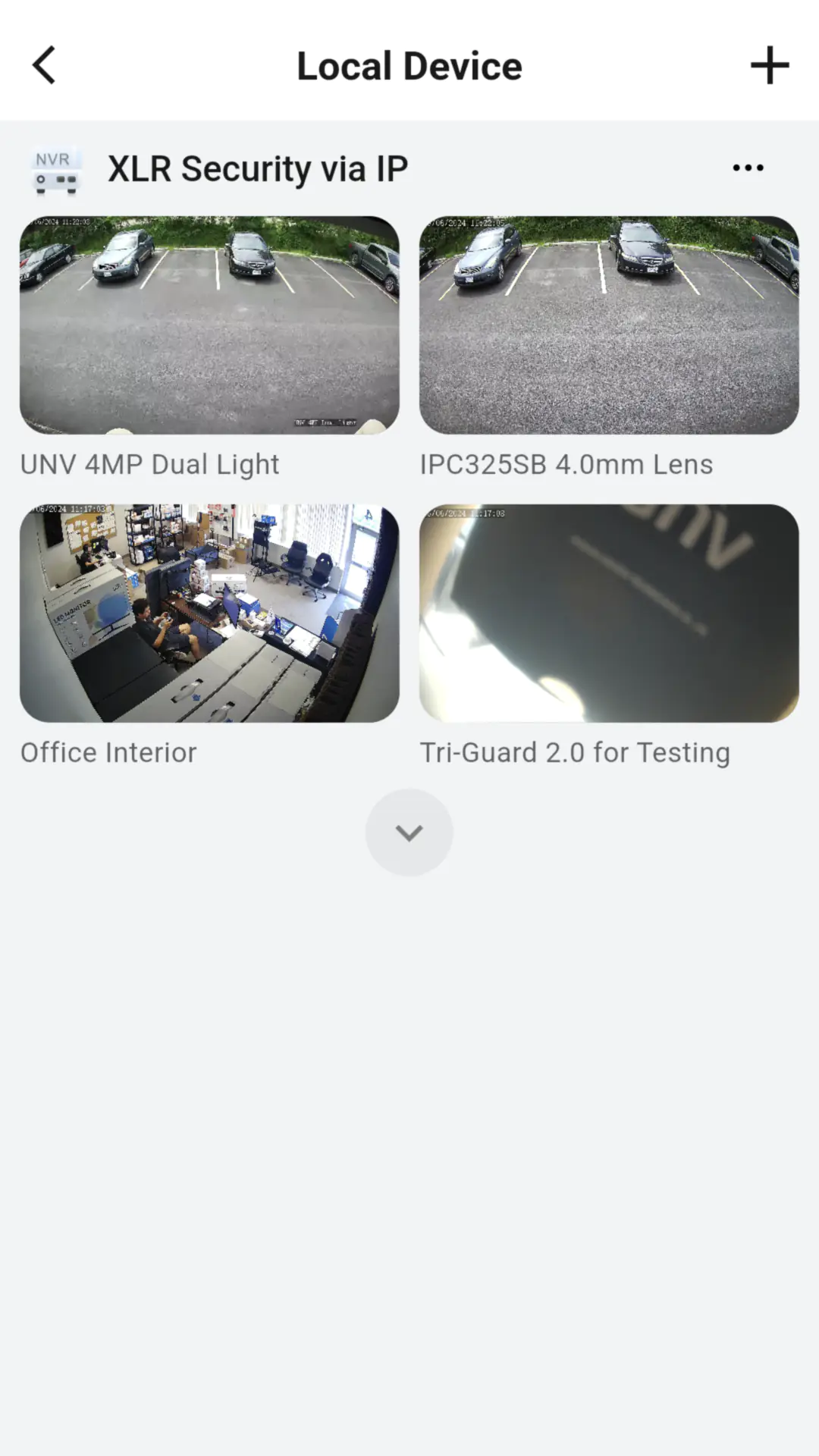 A mobile app showing four security camera views with the text Local Device at the top