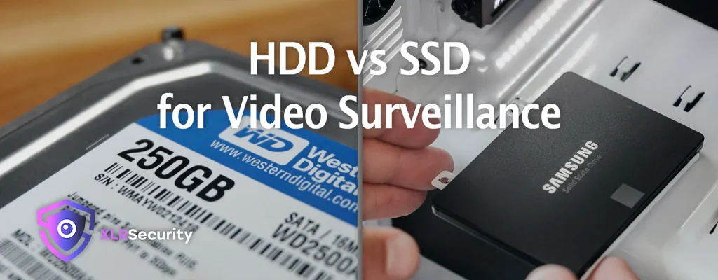 A western digital hard drive on the left side and a samsung SSD on the right with the text 'HDD vs SSD for Video Surveillance' overlaid on top.