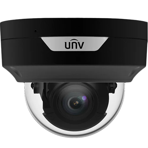 A black security camera with a dome shape and the UNV logo on the front of the housing