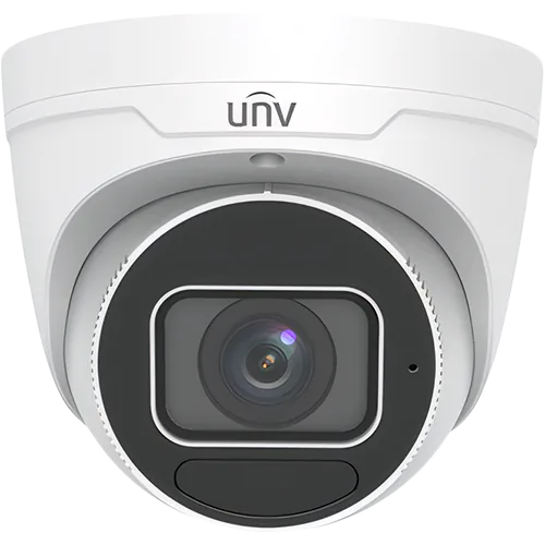 A Uniview varifocal turret camera with a rectangular shaped lens and the UNV logo on the camera's housing