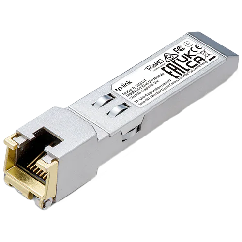 A metal adapter that converts an SFP port into an RJ45 port made by TP-Link