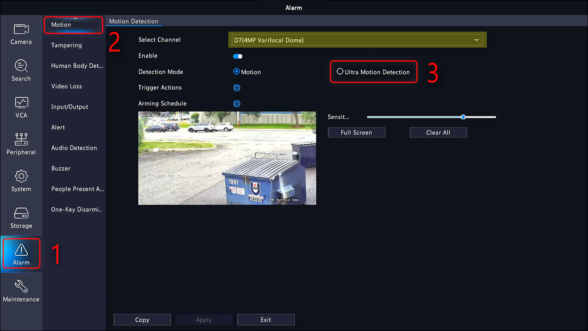 (1) After logging into your NVR, go to Alarm > Motion, select your camera, and enable Ultra Motion Detection.