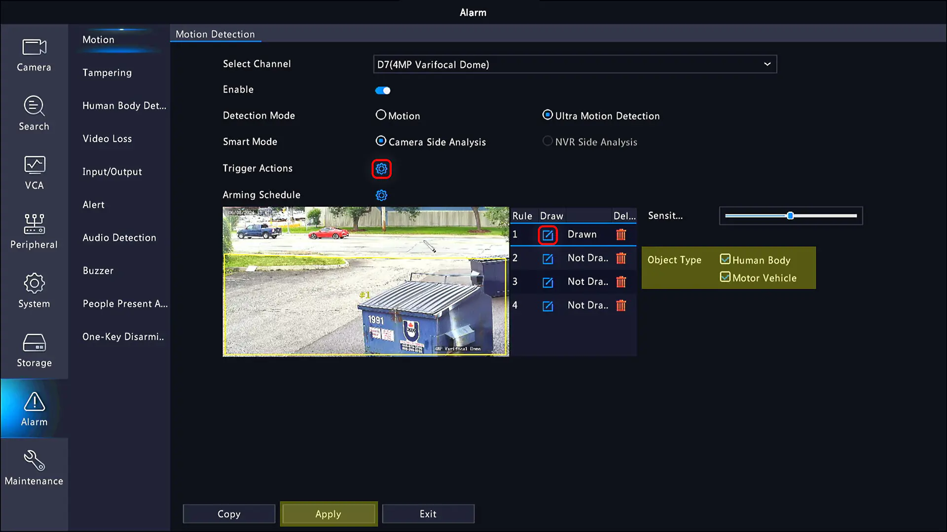 (2) You can draw up to four detection areas. You can also select the object type that will be detected. Don't forget to hit apply afterwards!