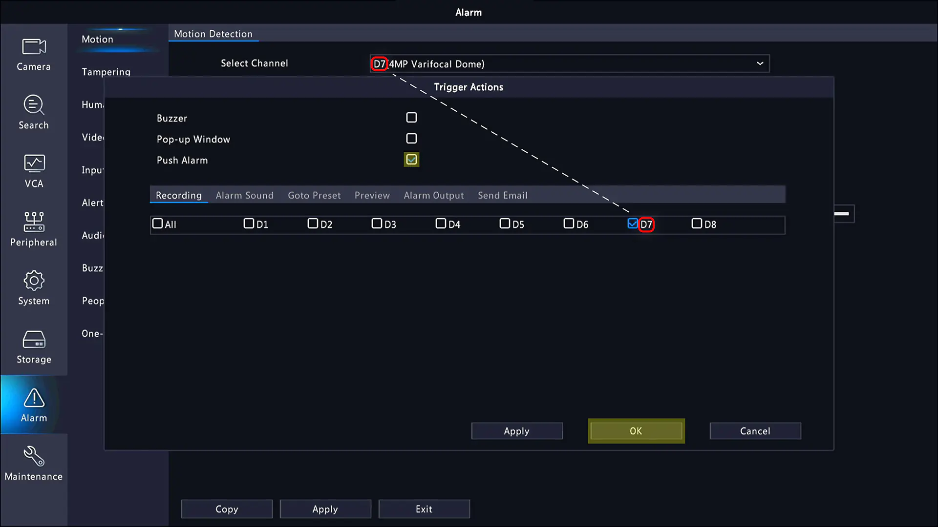 (3) Navigate to the Trigger Actions menu to set recording for that camera when Ultra Motion Detection is triggered. You can also enable Push Alarm for notifications on the UNV-Link app.