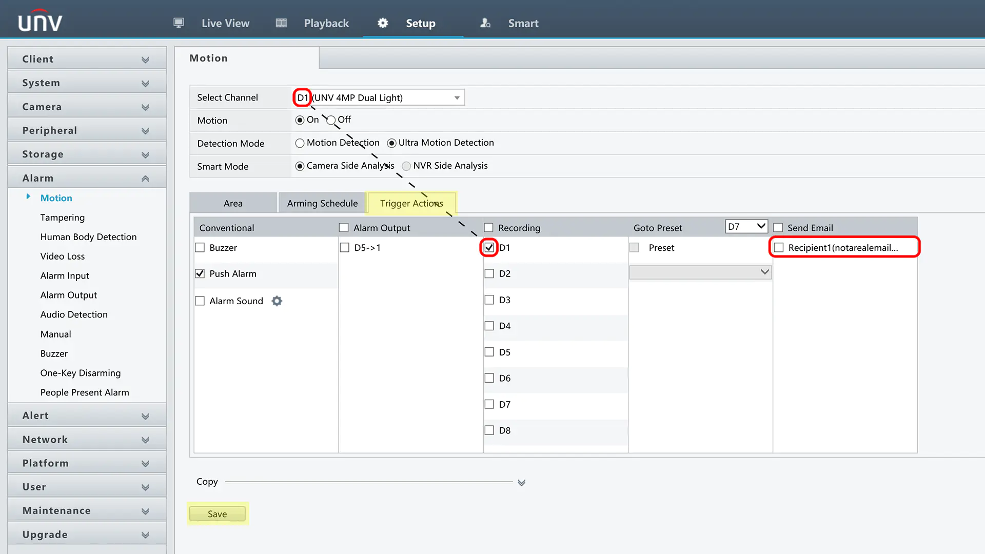 (3) From the Trigger Actions page, make sure you set recording for your camera. Make sure the channel matches the camera you have selected. You can trigger email notifications if you have it configured.