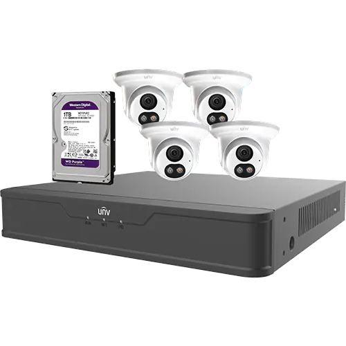 A security camera kit that included a four channel NVR, four Uniview dual light turret cameras, and a 1TB hard drive