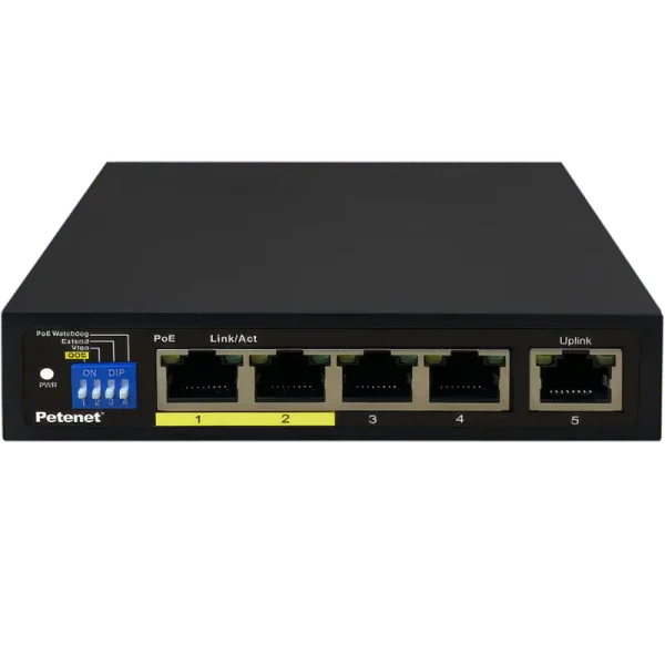 A Gigabit PoE+ switch with four PoE ports and one uplink port