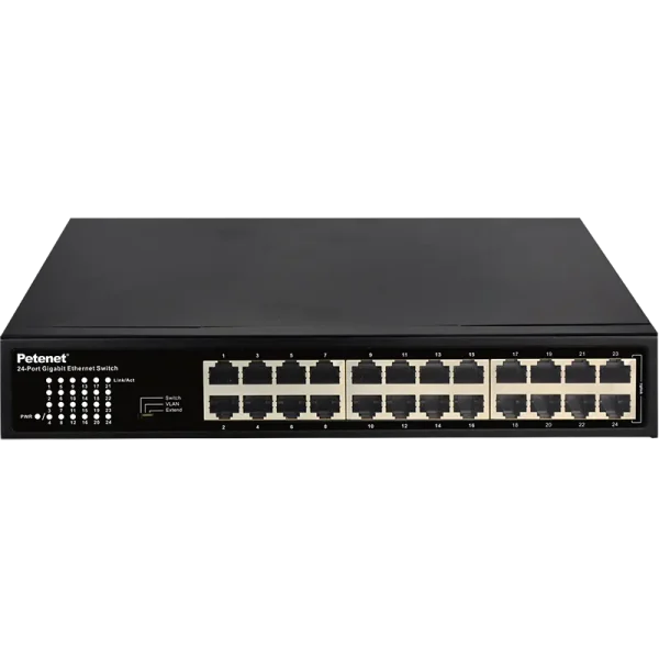 Network switch with black metal body and 24 Gigabit ports made by Petenet