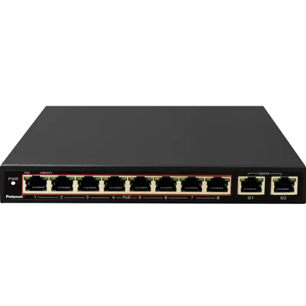 A PoE+ network switch with eight 10/100 Mbps ports and two Gigabit uplink ports.