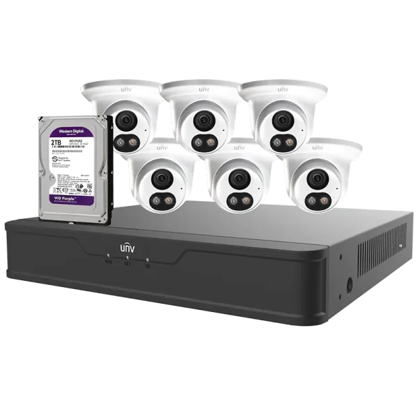 Uniview security camera kit with an eight channel NVR, six cameras, and a 2TB hard drive