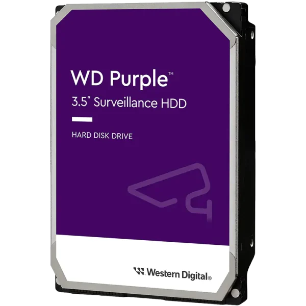 A hard drive with a purple sticker that says WD Purple 3.5-inch Surveillance HDD