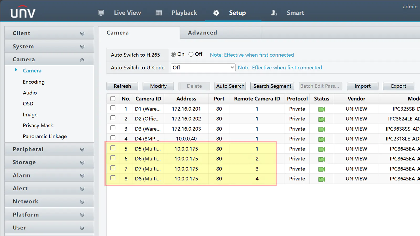 A snapshot from the web interface of the Uniview NVR showing how to add a multi-sensor camera