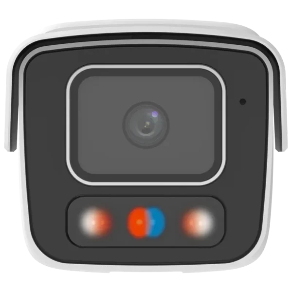 A security camera with a square shaped lens, white LED for illumination, and a red and blue strobe for deterring potential intruders