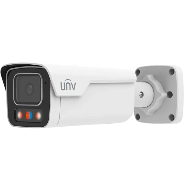 A large Uniview bullet camera with two-way audio and a strobe light for scaring potential intruders away