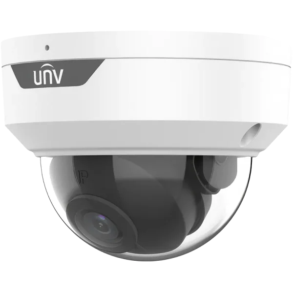 A security camera with a dome cover and UNV logo on the front, aimed slightly down and to the left