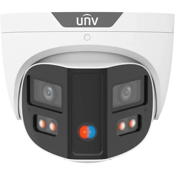 A security camera with two lenses facing at a 90-degree angle from each other, allowing for full 180-degree coverage