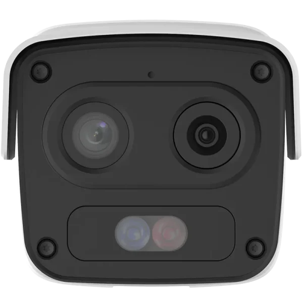 The front of a Uniview dual spectrum bullet camera. Two lenses are clearly visible, as well as a red and blue strobe light.