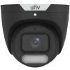 A security camera made by Uniview with a black housing and white LED light under the lens. There is also a small hole above the lens for the built-in microphone.