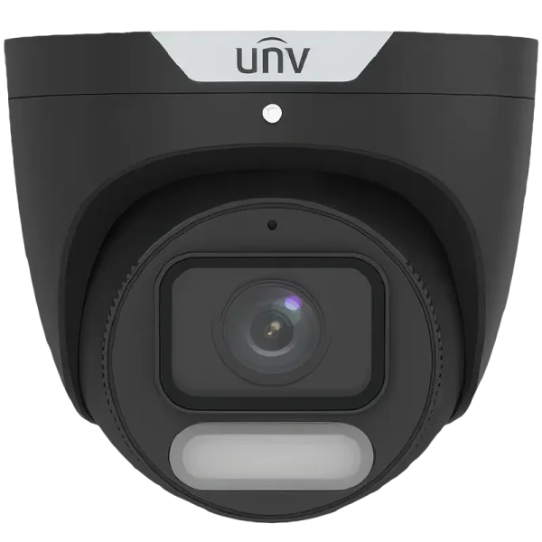 A security camera made by Uniview with a black housing and white LED light under the lens. There is also a small hole above the lens for the built-in microphone.