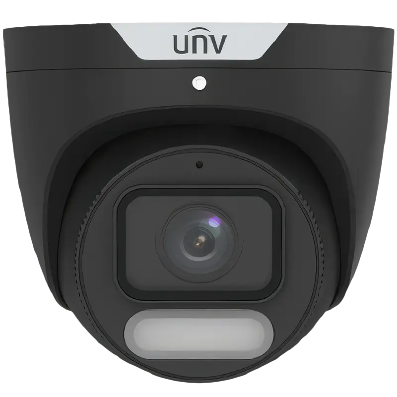 A security camera made by Uniview with a black housing and white LED light under the lens. There is also a small hole above the lens for the built-in microphone.