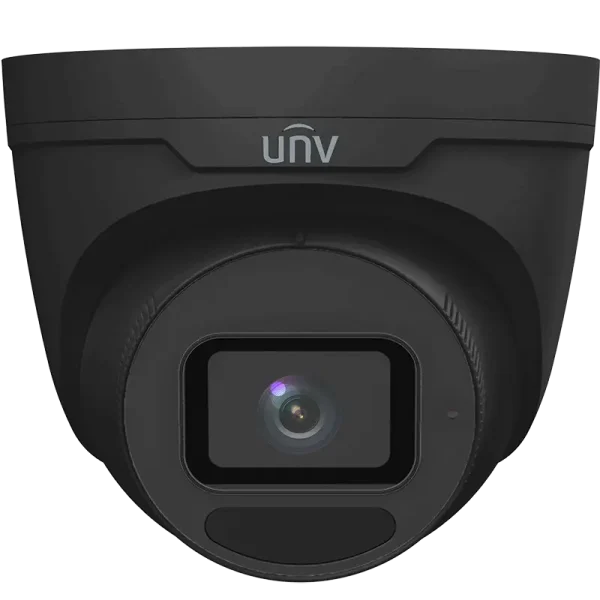 Uniview black turret camera with a wide rectangular lens and built-in infrared. There is a small hole for a microphone to the right of the lens, and the UNV logo near the top front of the housing.