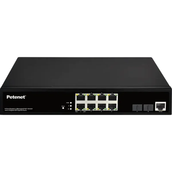 8-port Gigabit Petenet and switch with 2 Gigabit SFP Uplink ports black, front