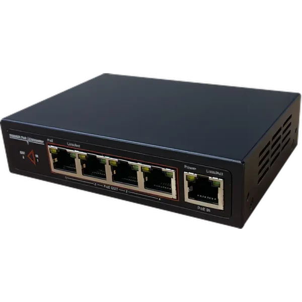 A small PoE switch that takes a single PoE++ input and splits it into four PoE+ outputs, used for security cameras and IP phone systems