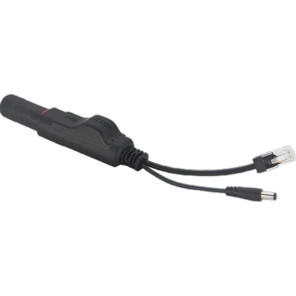 A cable adapter that that splits incoming PoE into Ethernet (data) and 12V DC power