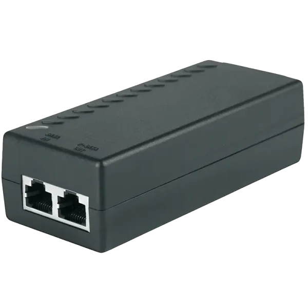 A PoE injector with a port for data and another for power, black rectangular box made by Petenet