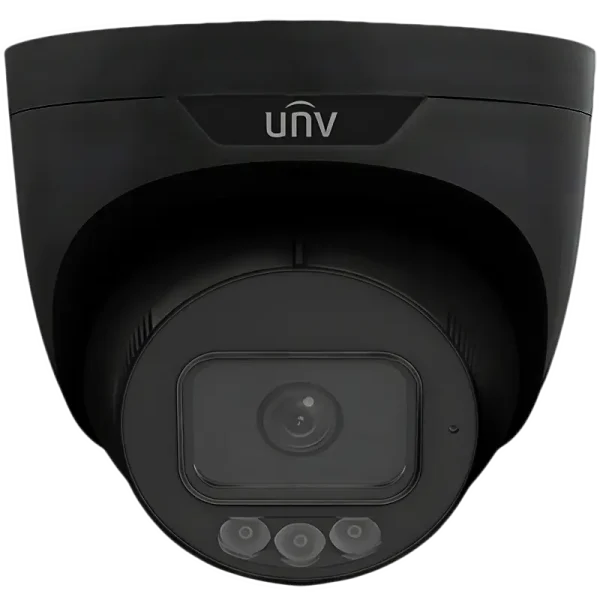 A security camera with three lights on the front and the UNV logo shown – black version.